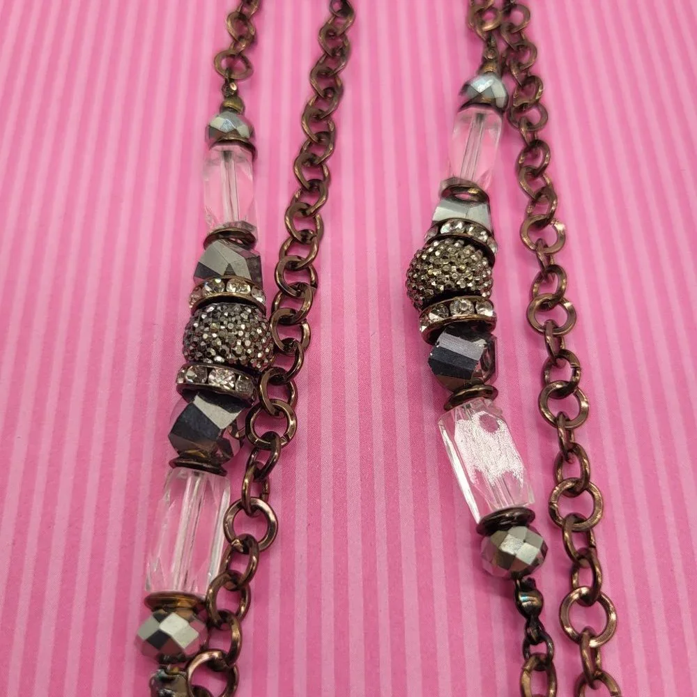 INC Intl Concepts Metal Necklace Gunmetal Silver Clear Rhinestone Faceted Beads